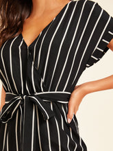 Load image into Gallery viewer, Surplice Neck Self Belted Striped Jumpsuit