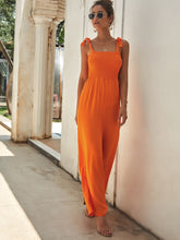 Load image into Gallery viewer, Neon Orange Shirred Knot Wide Leg Jumpsuit