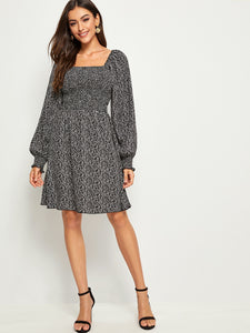 Ditsy Floral Shirred Panel Lantern Sleeve Dress