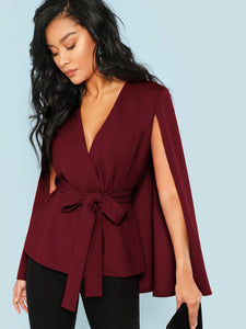 Surplice Neck Tie Waist Cape Coat