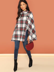 Button Front Plaid Print Cape Coat