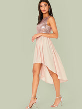 Load image into Gallery viewer, Backless Sequin Bodice Dip Hem Combo Dress