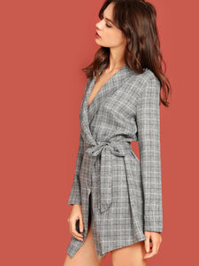 Shawl Collar Self Tie Wrap Plaid Coat