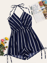 Load image into Gallery viewer, Surplice Striped Drawstring Side Halter Playsuit