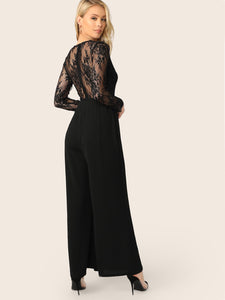 V-neck Lace Bodice Wide Leg Jumpsuit