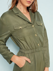 Solid Button Through Pocket Utility Jumpsuit