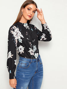 Mock-neck Floral Print Keyhole Back Blouse