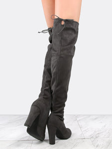 Almond Toe Chunky Heel Thigh High Boots