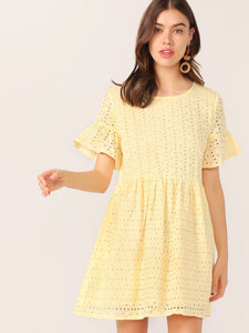 Flounce Sleeve Solid Schiffy Dress