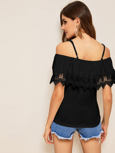 Cold Shoulder Guipure Lace Trim Top