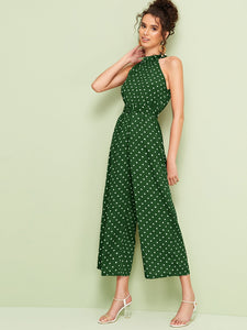 Polka Dot Belted Wide Leg Halter Jumpsuit