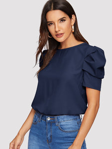 Button Keyhole Back Puff Sleeve Top