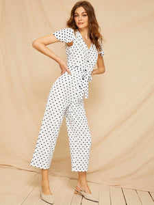 Button Polka Dot Self Tie Jumpsuit