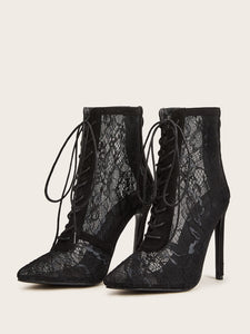 Point Toe Lace-up Front Stiletto Heeled Boots