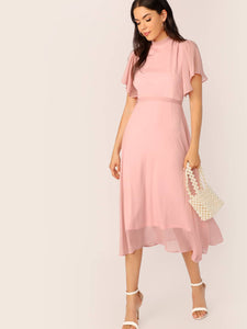 Mock-neck Knot Back Sheer Panel Dress