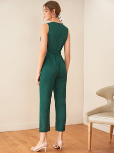 Surplice Neck Buckle Belted Slant Pocket Jumpsuit