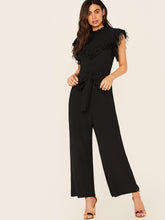 Load image into Gallery viewer, Mesh Ruffle Trim Self Belted Wide Leg Jumpsuit