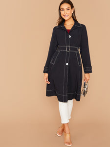 Notch Collar Contrast Stitch Belted Coat