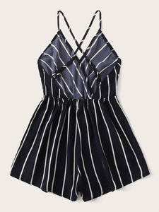 Striped Criss-cross Backless Surplice Neck Romper