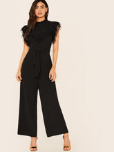 Load image into Gallery viewer, Mesh Ruffle Trim Self Belted Wide Leg Jumpsuit