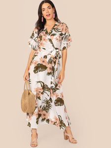 Botanical Print Ruffle Cuff Tie Side Wrap Dress