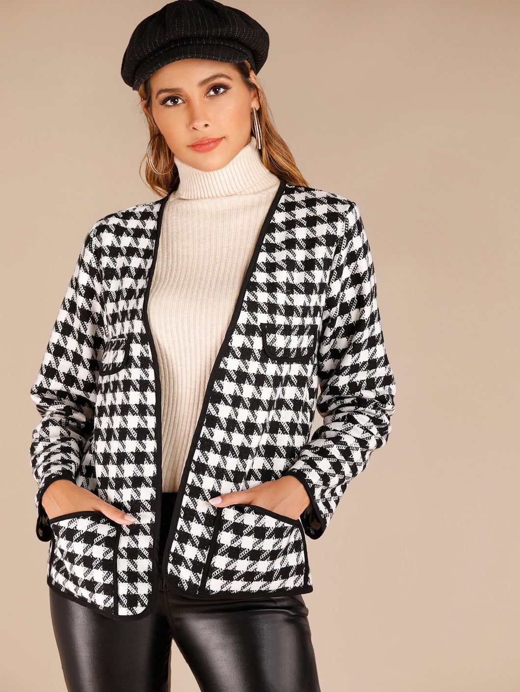 Houndstooth Dual Pocket Contrast Binding Coat