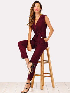 Zip Back Shawl Collar Knot Jumpsuit