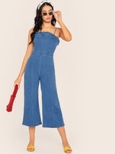 Load image into Gallery viewer, Ruffle Trim Sleeveless Wide Leg Denim Jumpsuit