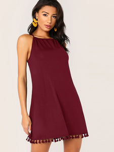 Solid Tassel Hem Tie Back Halter Dress