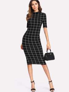 Mock Neck Grid Fitted Dress