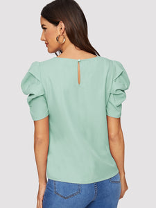 Button Keyhole Back Puff Sleeve Top