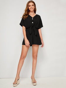 Buttoned Front Tie Front Romper