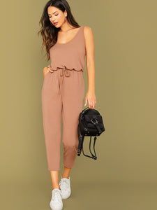 Raw Edge Drawstring Waist Sleeveless Jumpsuit