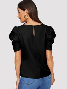 Button Keyhole Back Puff Sleeve Top