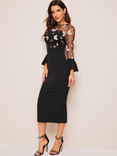 Load image into Gallery viewer, 3D Applique Embroidered Mesh Yoke Pencil Dress