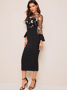 3D Applique Embroidered Mesh Yoke Pencil Dress