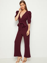 Load image into Gallery viewer, Plunging Neck Puff Sleeve Flare Leg Belted Jumpsuit