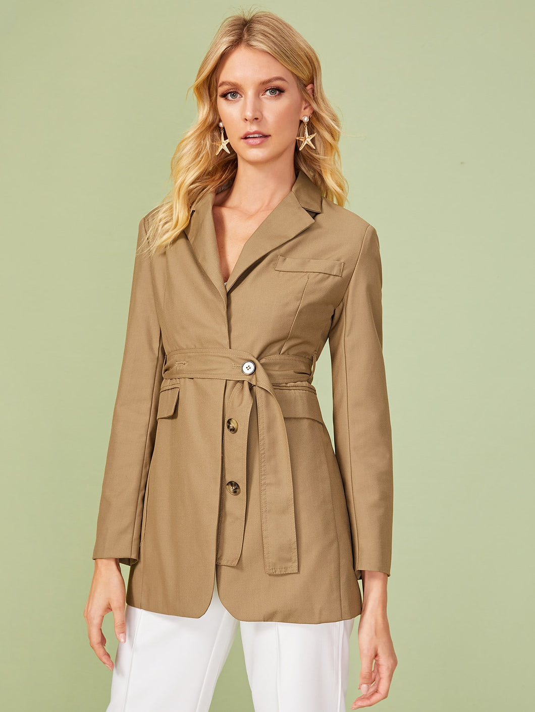 Double Button Lapel Belted Blazer