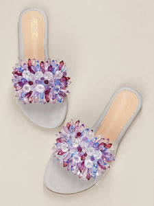 Jeweled Open Toe Band Flat Slide Sandals