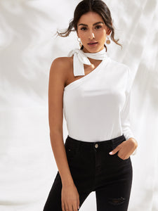 Tie Neck One Shoulder Solid Tee