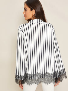 Notch Neck Eyelash Lace Trim Striped Cape Blazer