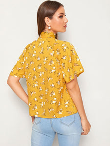 Ditsy Floral Tie Neck Raglan Sleeve Blouse