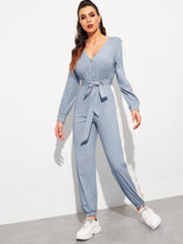 Load image into Gallery viewer, Surplice Neck Self Belted Colorblock Jumpsuit