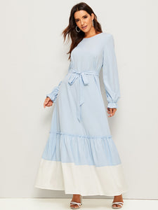 Bell Cuff Contrast Hem Belted Maxi Dress