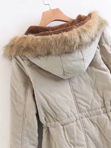 Faux Fur Drawstring Waist Parka Coat