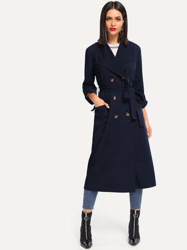 Rolled Tab Sleeve Double Breasted Longline Trench Coat