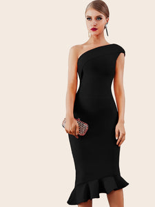 Adyce Zip Back One Shoulder Fishtail Hem Bodycon Dress