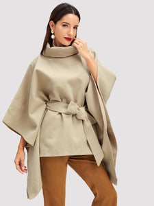 Turtleneck Belted Poncho Coat