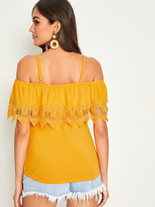 Cold Shoulder Guipure Lace Trim Top