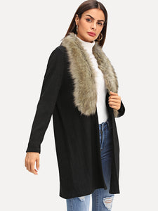 Open Front Faux Fur Neckline Coat